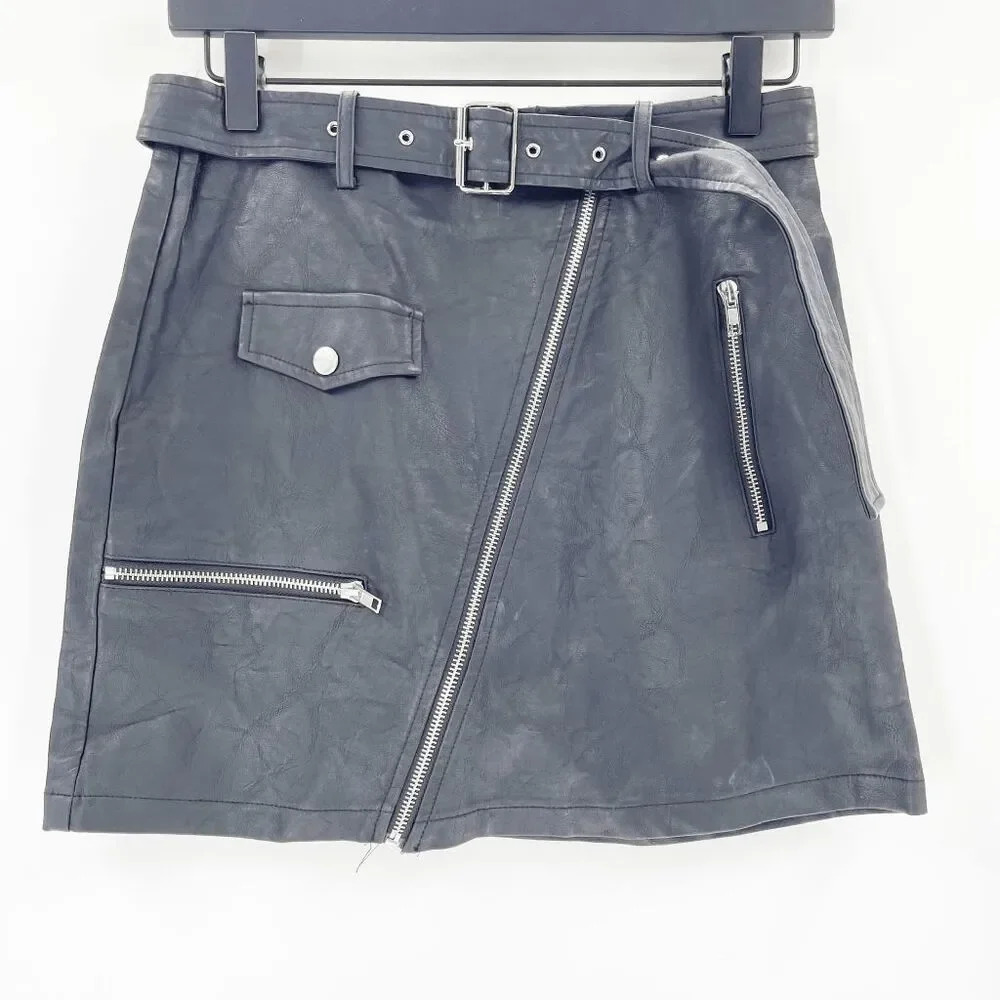 LF Seek The Label Faux Leather Skirt Womens S Black Asymmetric Zip A Line Belted